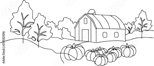 Konstfotografi Autumn harvest scene featuring rustic barn and field of pumpkins with leafless trees drawn in continuous line art style