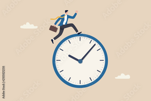Work efficiency, time management to help finish multitasking work or smart productivity concept, confident businessman holding suitcase jumping on clock hands metaphor of time management