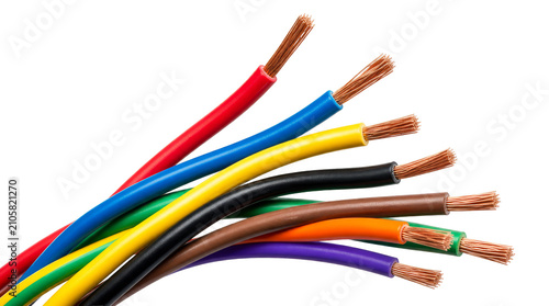 Close-up of multicolored stripped electrical wires with exposed copper cores, arranged in a fan shape and isolated on a transparent background.