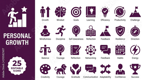 Obraz na płótnie Personal Growth and Self-Improvement Solid Glyph Icon Set