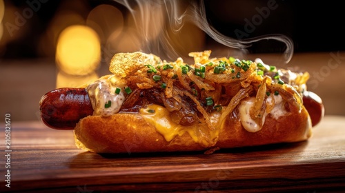 Gourmet hot dog with artisan brioche bun, grilled sausage, caramelized onions, melted cheddar, crispy fried onions, whole grain mustard, chopped