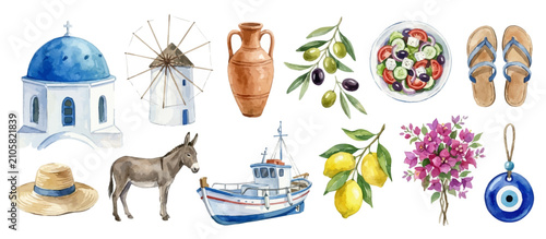 Foto Greek travel, watercolor Mediterranean summer collection