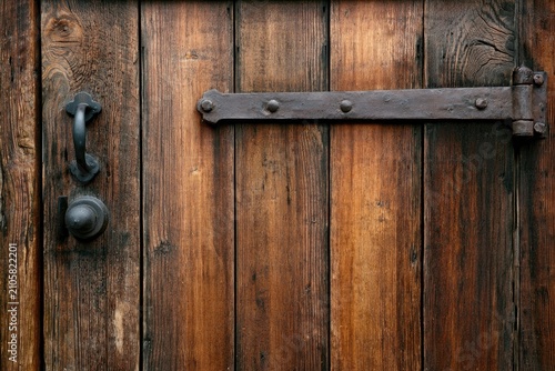 Rustic wooden door with antique iron handle and heavy hinge