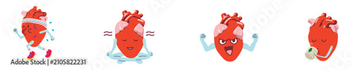 Healthy heart concepts featuring an adorable cartoon organ exercising, meditating, showing biceps, and drinking tea. Ideal for fitness promotions, wellness campaigns, and medical clinic posters.