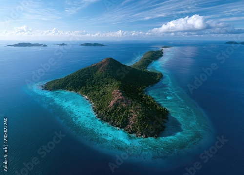 Lush green island with a central peak, surrounded by clear turquoise shallow water and reefs