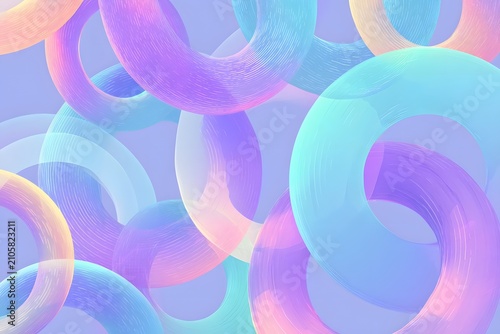 Abstract pastel 3d render of overlapping translucent rings and bubbles with soft gradient colors