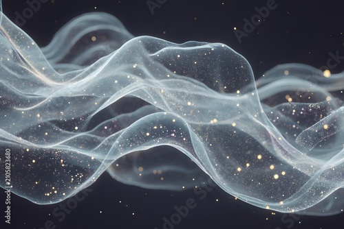 Abstract flowing translucent light waves with sparkling particles on dark background