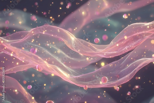 Abstract flowing pink and gold light waves with glowing particles on dark background