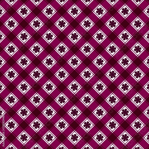 Seamless maroon floral plaid pattern with magenta checkered grid and clover flowers on dark background