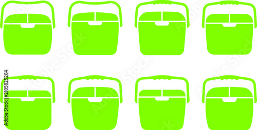 Green Portable Cooler Box Icon Set Vector for Outdoor Camping Equipment, Picnic Supplies & Summer Vacation Travel Gear (EPS)