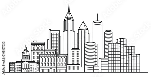 Detailed line art skyline of a modern city with recognizable architectural landmarks