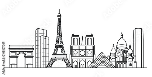 Canvas Print Paris skyline illustration iconic landmarks in minimalist line art style