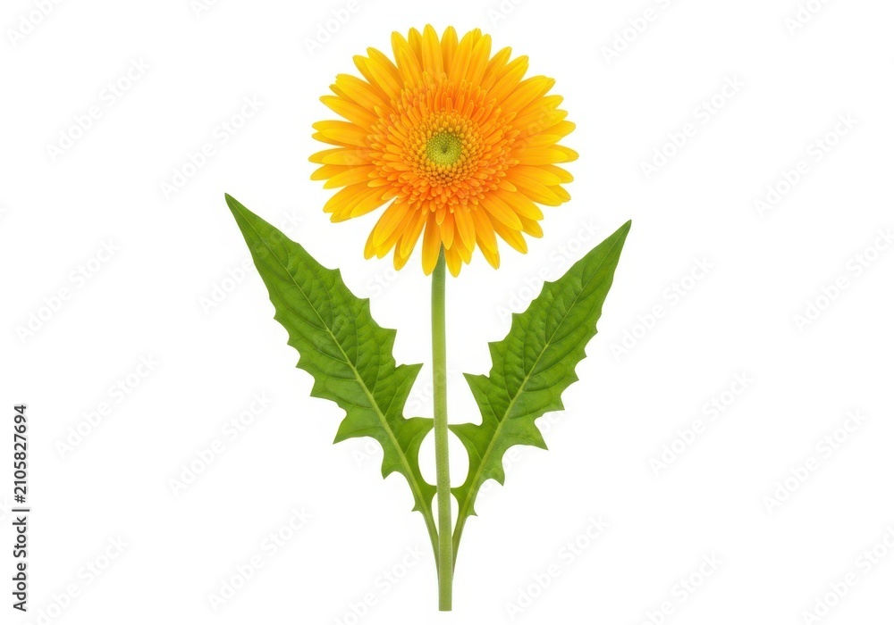 Fototapeta premium Bright yellow dandelion flower with green leaves on stem