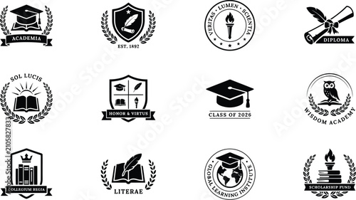 Collection Of Academic Emblems And Symbols Black Silhouette Style