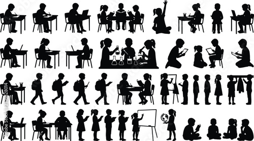 Photos Set of black silhouettes representing children engaged in various classroom lear