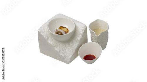 Quadro su tela Gourmet tasting course served on textured white stone sculpture plate and cerami