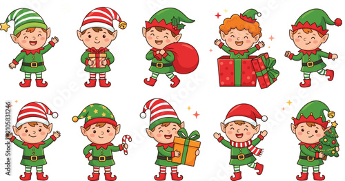 Schilderij op canvas Cute Christmas Elf Character Sticker Set with Festive Holiday Helpers Holding Gi