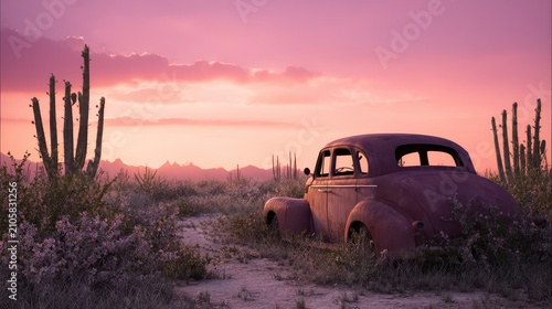 Distant Desert Dunes and Rusty Car Under Pink Sunset
