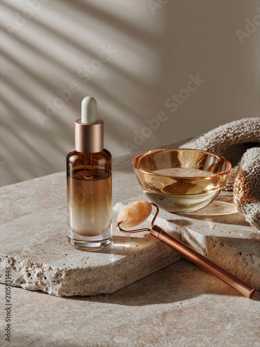 Minimalist skincare flatlay featuring niacinamide serum and glass bowl