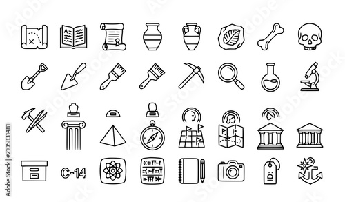 Bild auf Leinwand Archaeology outline icon set editable treasure excavation research vector