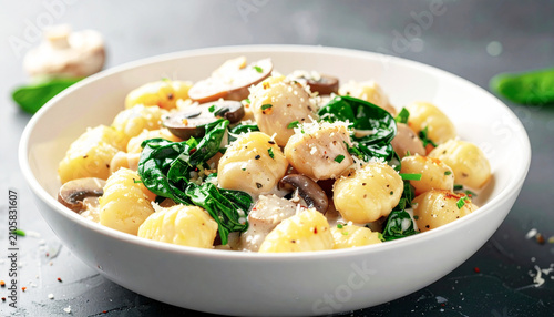 Gnocchi with a mushroom cream sauce, spinach and chicken, white bowl. AI