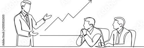 Cuadro en lienzo Single one line drawing three businessmen in office meeting, with one presenting fluctuating chart to colleagues, discussion business strategy