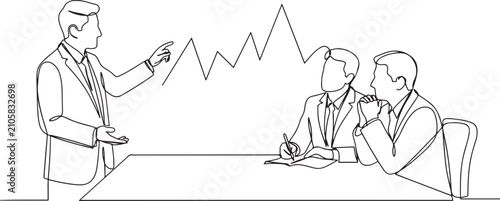 Fotografía Single one line drawing three businessmen in office meeting, with one presenting fluctuating chart to colleagues, discussion business strategy