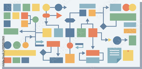 Foto Abstract flowchart diagram with colorful geometric shapes, complex organizationa