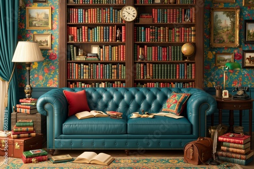 Cozy reading nook with vintage library and teal chesterfield sofa classic literature and home comfort