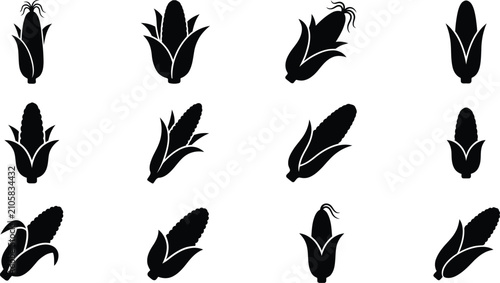 Set of twelve simple black corn vector illustrations displaying various harvest vegetable shapes for agricultural branding and food design projects