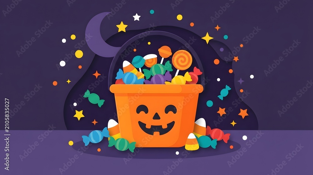 Naklejka premium Overflowing halloween candy bucket with festive decorations