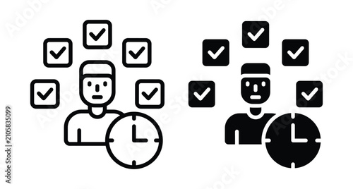 Time management icon set showing person with checkmarks and clock for productivity tracking task completion and efficient work schedule planning