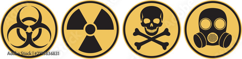 Foto Set hazard danger yellow vector signs featuring radiation sign, biohazard sign,