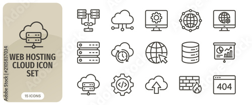 Bild auf Leinwand Web hosting and cloud computing line icons set collection of server, network, da