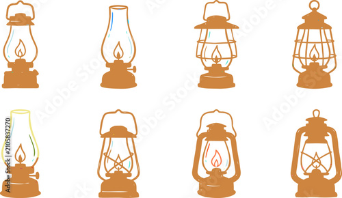 Vintage Kerosene Oil Lantern Collection Vector Illustration for Camping Equipment Catalogs, Historical Education Projects & Outdoor Adventure Branding (EPS)