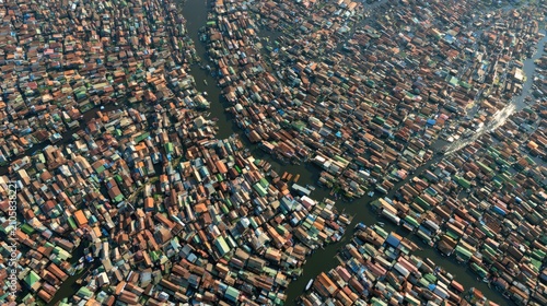 Dense aerial view of a sprawling urban settlement built over water with narrow canals
