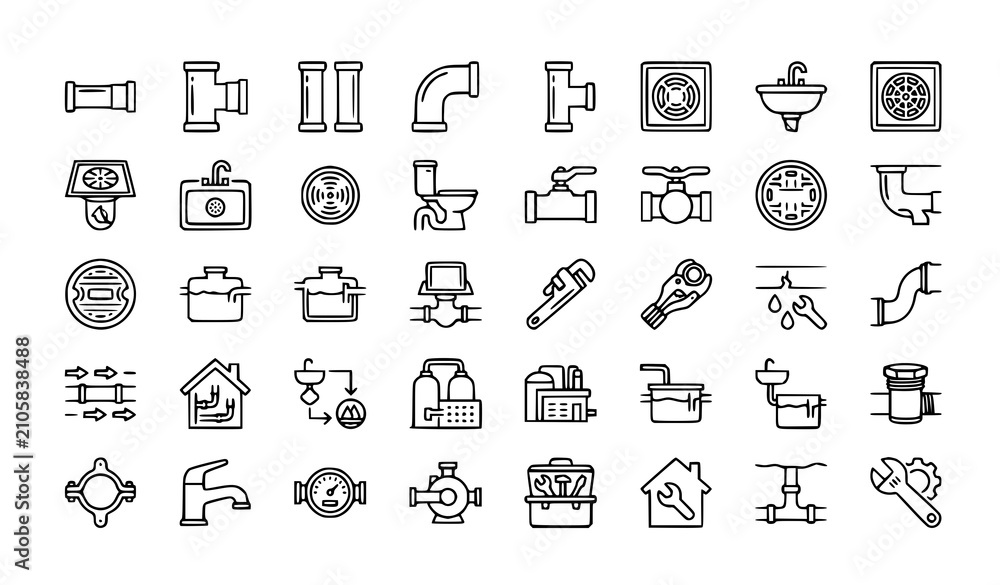 Fototapeta premium Drainage pipe system outline icon set editable plumbing sanitation vector