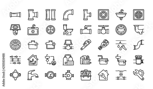 Bild auf Leinwand Drainage pipe system outline icon set editable plumbing sanitation vector