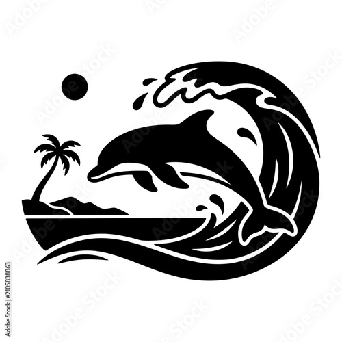 Photography Dolphin surfing a dramatic ocean wave near island sunset