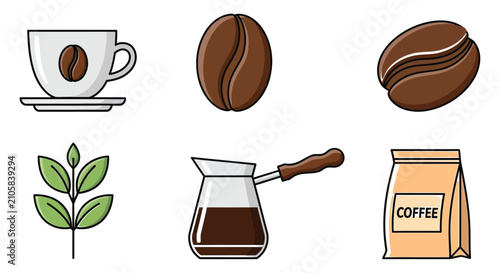 Bilde på lerret Coffee elements illustration cup beans plant pot and packaging high quality