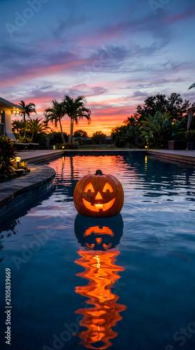 Halloween jack o' lantern floating in pool at sunset spooky autumn evening scene