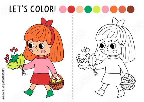 Forest coloring page for children with girl explorer with basket gathering berries, leaves. Vector line illustration. Color book with colored example. Drawing skills printable worksheet with kid