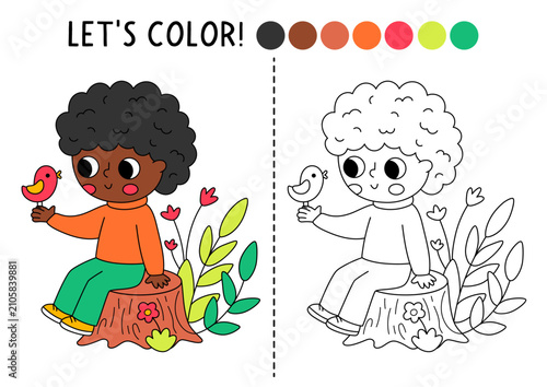 Forest coloring page for children with boy explorer sitting on tree stump with bird. Vector line illustration. Color book with colored example. Drawing skills printable worksheet with kid