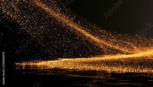 Golden particles swirling and flowing across a dark, reflective surface