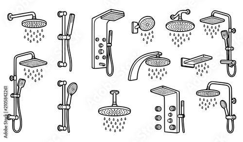 Modern Bathroom Shower Fixtures Collection With Hand Shower Rain Shower And Faucet Vector Icons