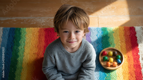 Bright Natural Light on Boy Playing on Colorful Rug
