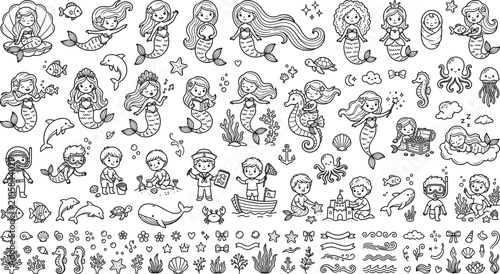 Foto Massive bundle of cute cartoon mermaids sea creatures scuba divers children buil