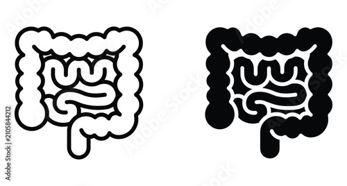 Human intestine icons representing digestive system health with large and small bowel anatomy in outline and solid black silhouette styles