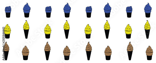 Fotografie A repeating pattern of hand drawn ice cream cones in blue yellow and brown flavo