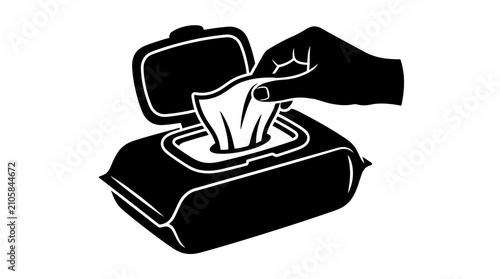 Fotografía Baby wipes container and hand black silhouette on white background